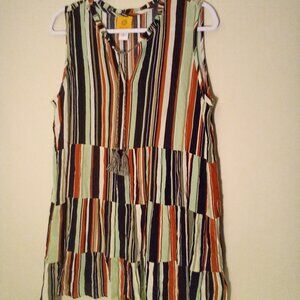 Ruby Rd Dress Women M Short Sleeveless Ruffle Tassel Pattern Green Black